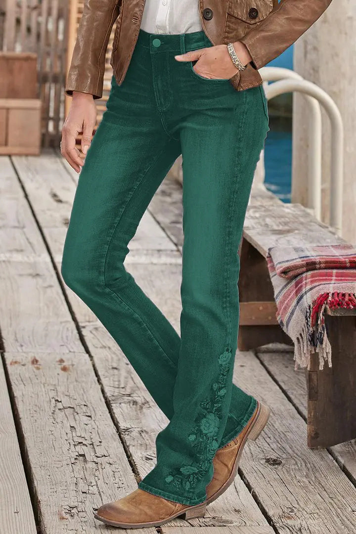 🔥LAST DAY 80% OFF🔥Mid-waist bootcut jeans with floral embroidery