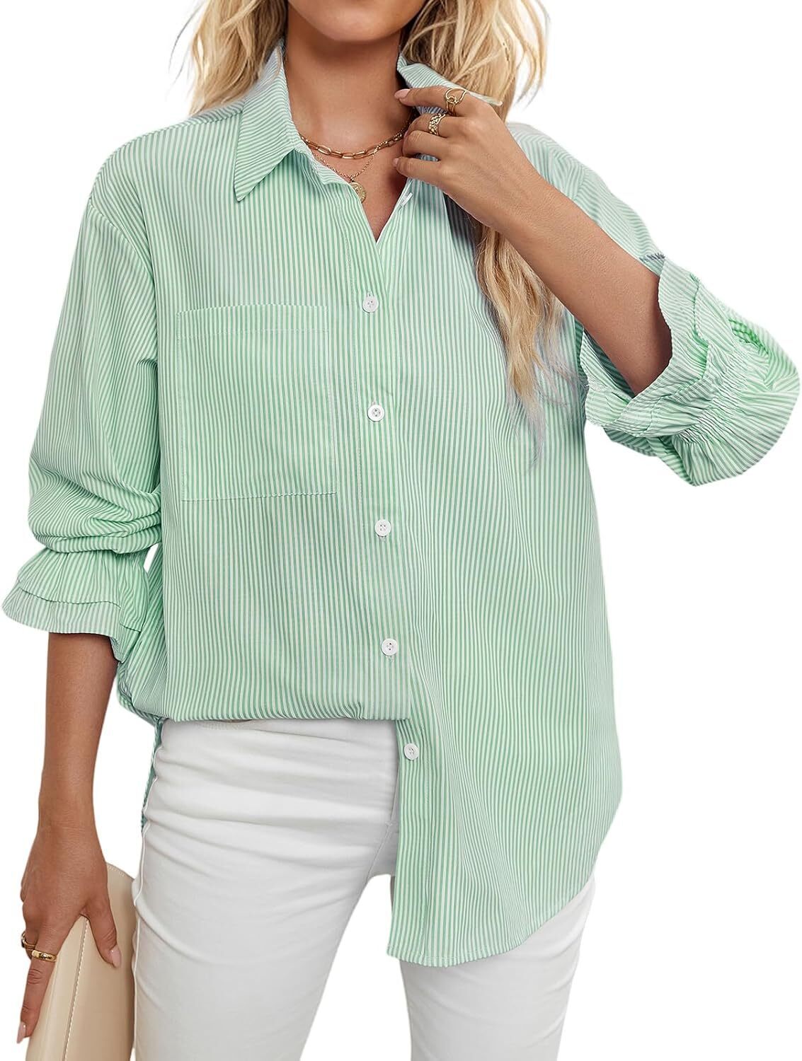 Women's Striped Button Down Shirts Smocked Cuffed Boyfriend Shirt Long Sleeve Blouse Top with 3 Pockets