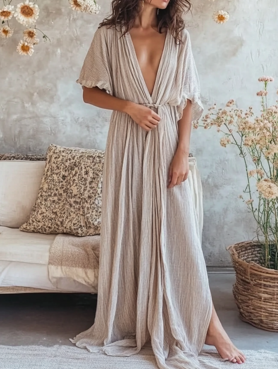 Beige Linen V-neck Dress WIth Belt