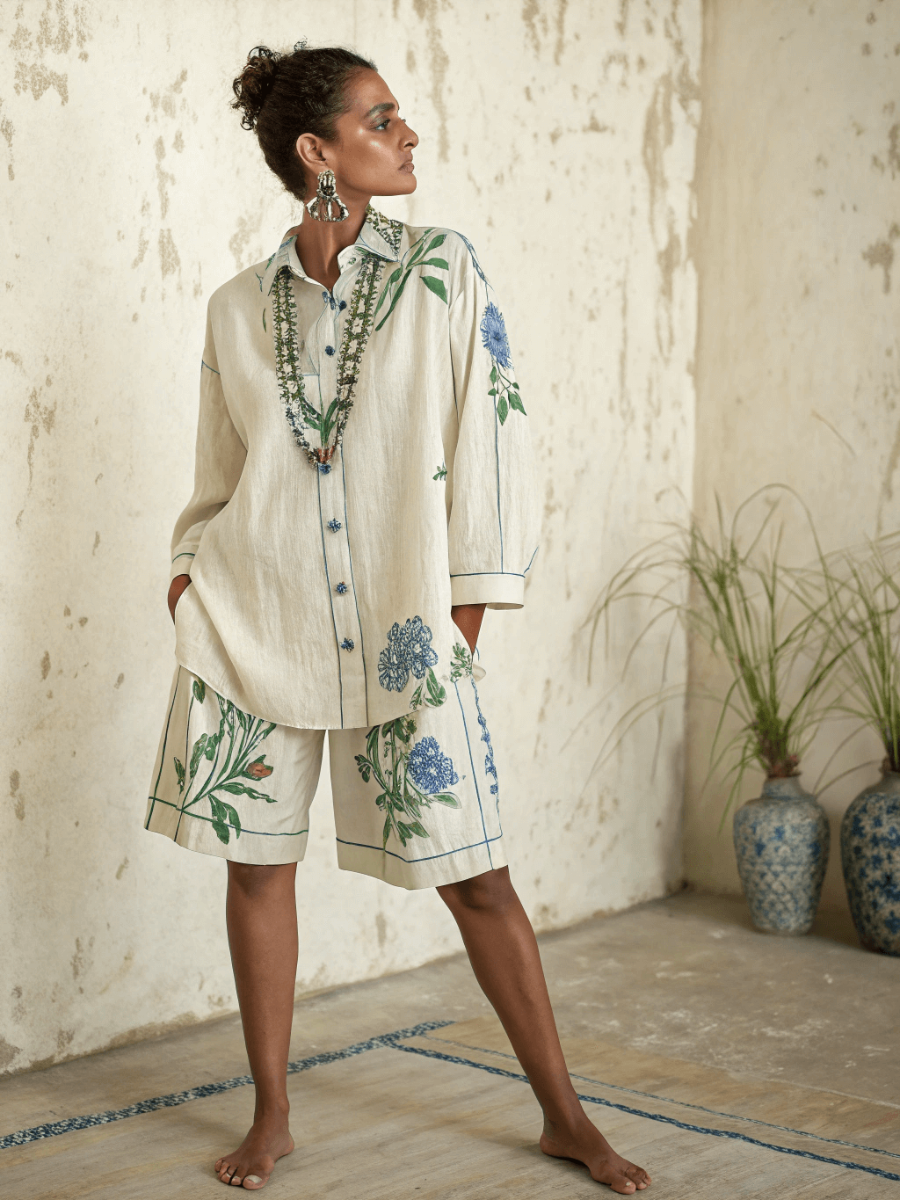 Cotton and linen women's shirt and shorts set