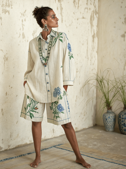 Cotton and linen women's shirt and shorts set