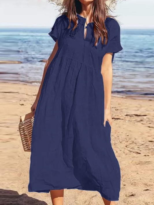 Women's solid color V-neck short sleeve loose casual long cotton and linen dress