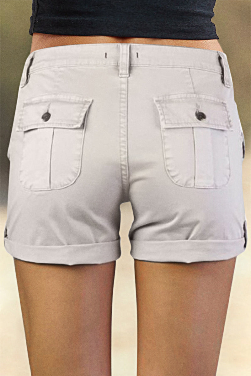 Flap Pocket Roll Tab Hem Mid Waist Shorts
