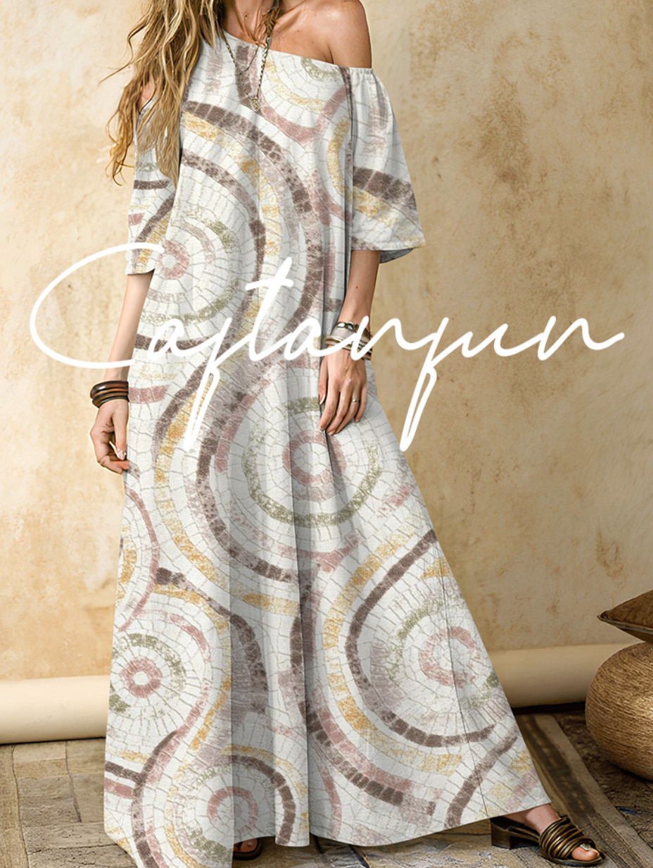 Women's Abstract Pattern Cotton and Linen Off-Shoulder Maxi Dress