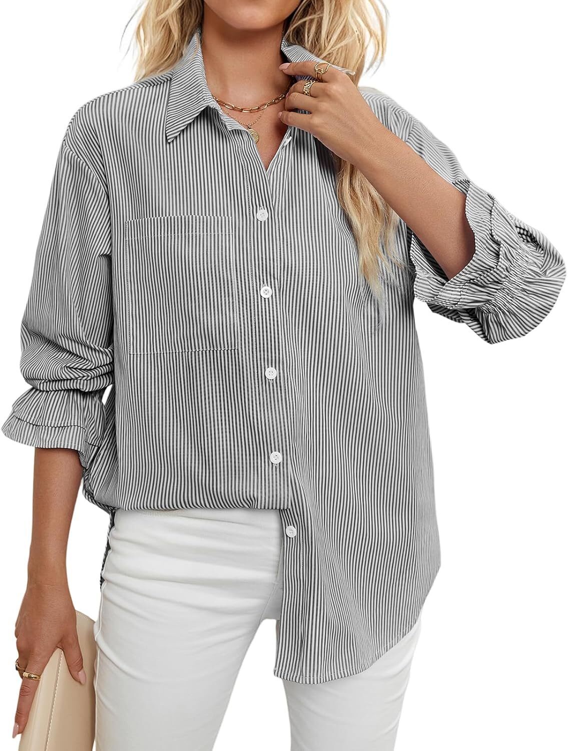 Women's Striped Button Down Shirts Smocked Cuffed Boyfriend Shirt Long Sleeve Blouse Top with 3 Pockets