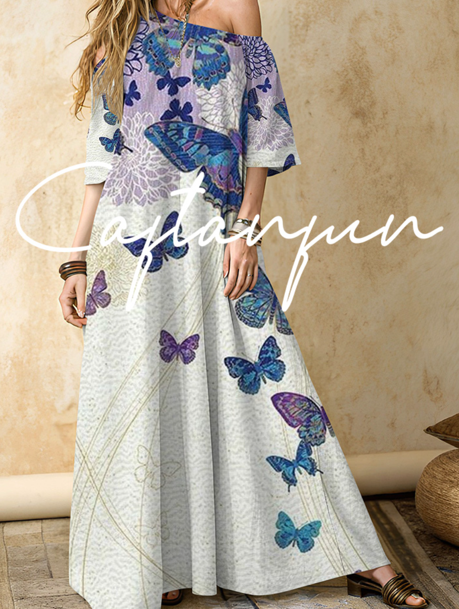 Women's Butterfly Pattern Cotton and Linen Off Shoulder Maxi Dress
