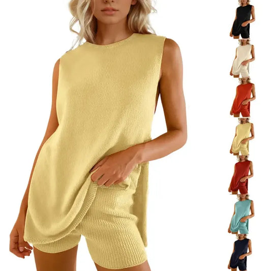 🔥Women's Summer Sweater Set Sleeveless Knit Pullover Top Matching Shorts 2 Piece Beach Vacation Outfits