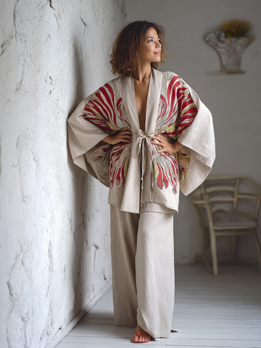 Kimono Geisha Blush Linen Tie-strap Top and trousers Two Piece Set