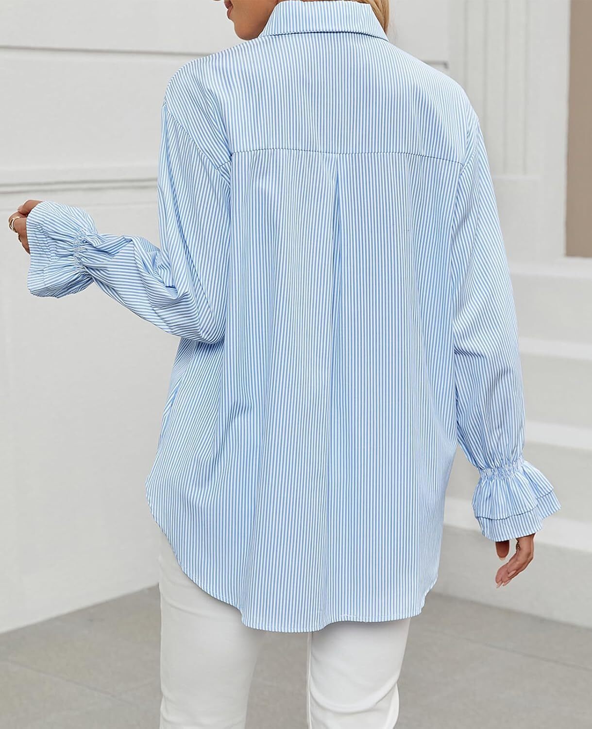 Women's Striped Button Down Shirts Smocked Cuffed Boyfriend Shirt Long Sleeve Blouse Top with 3 Pockets