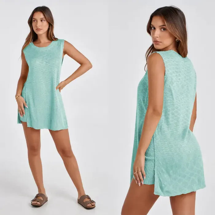 🔥Women's Summer Sweater Set Sleeveless Knit Pullover Top Matching Shorts 2 Piece Beach Vacation Outfits