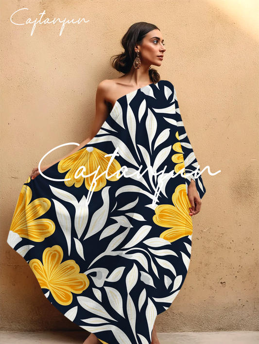 One-shoulder Abstract Leaf Art Flowing Cotton And Linen Kaftan