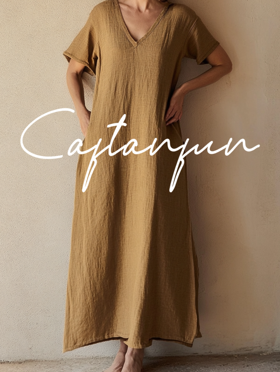 Women's Brown Linen V-Neck Dress