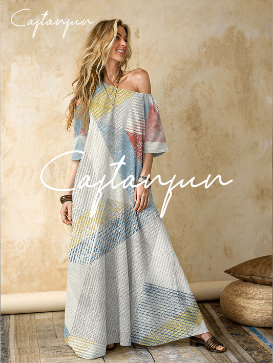 Women's geometric pattern cotton and linen one-shoulder long skirt