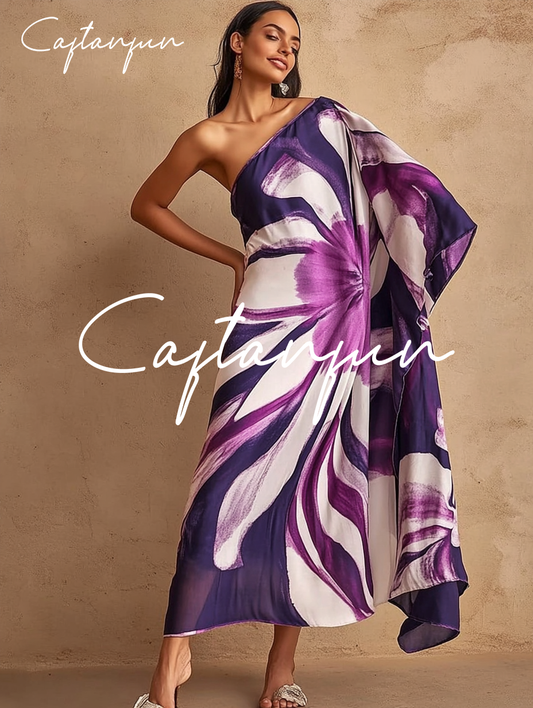 One-shoulder Purple Flower Storg Flowing Cotton And Linen Kaftan