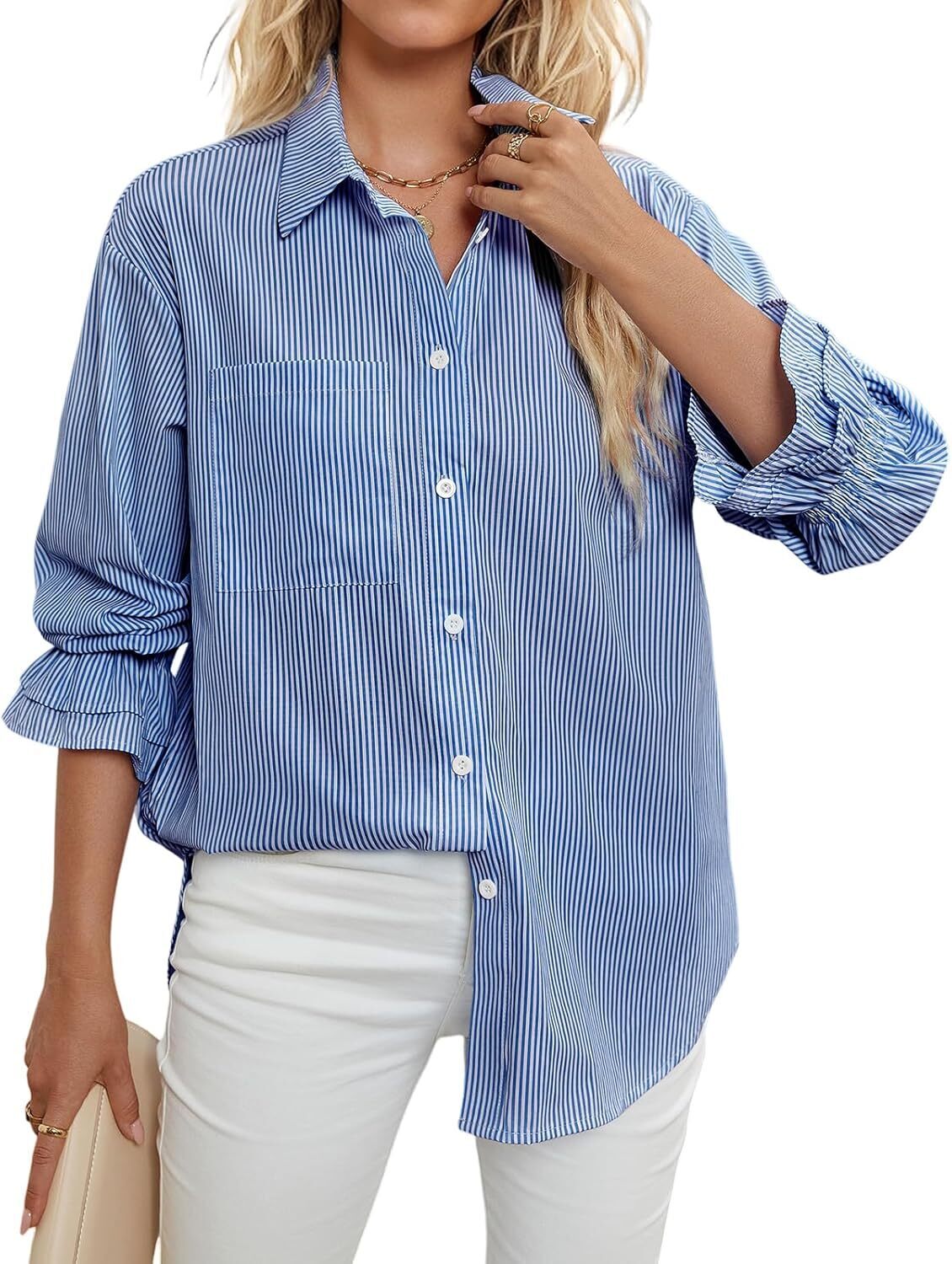 Women's Striped Button Down Shirts Smocked Cuffed Boyfriend Shirt Long Sleeve Blouse Top with 3 Pockets