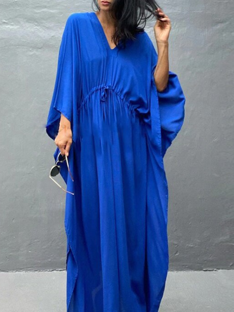 Womens V Neck Long Sleeve Solid Pattern Kaftan Maxidress