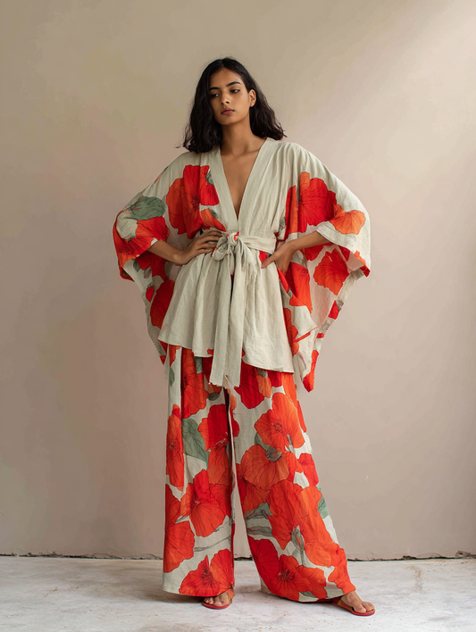 Kimono art abstract flower pattern linen lace-up coat and trousers two-piece suit