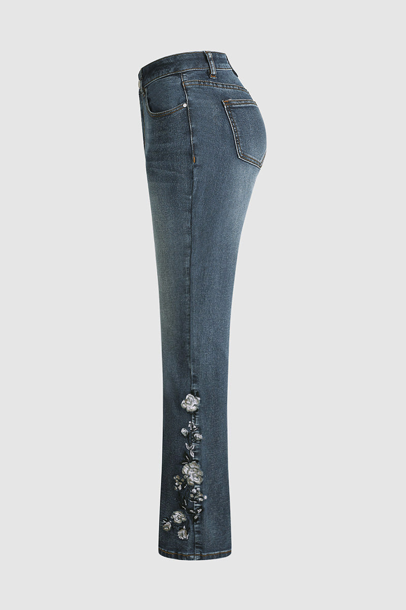 🔥LAST DAY 80% OFF🔥Mid-waist bootcut jeans with floral embroidery