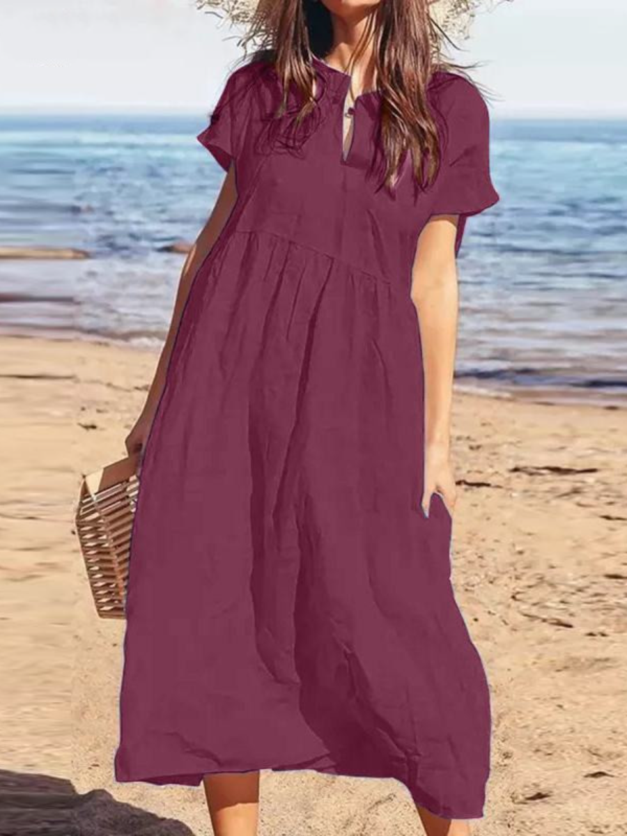 Women's solid color V-neck short sleeve loose casual long cotton and linen dress