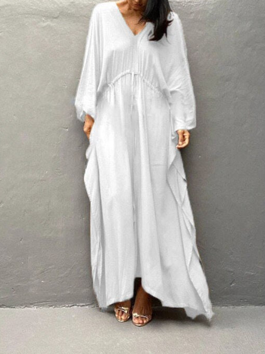 Womens V Neck Long Sleeve Solid Pattern Kaftan Maxidress