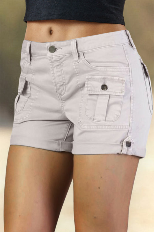 Flap Pocket Roll Tab Hem Mid Waist Shorts
