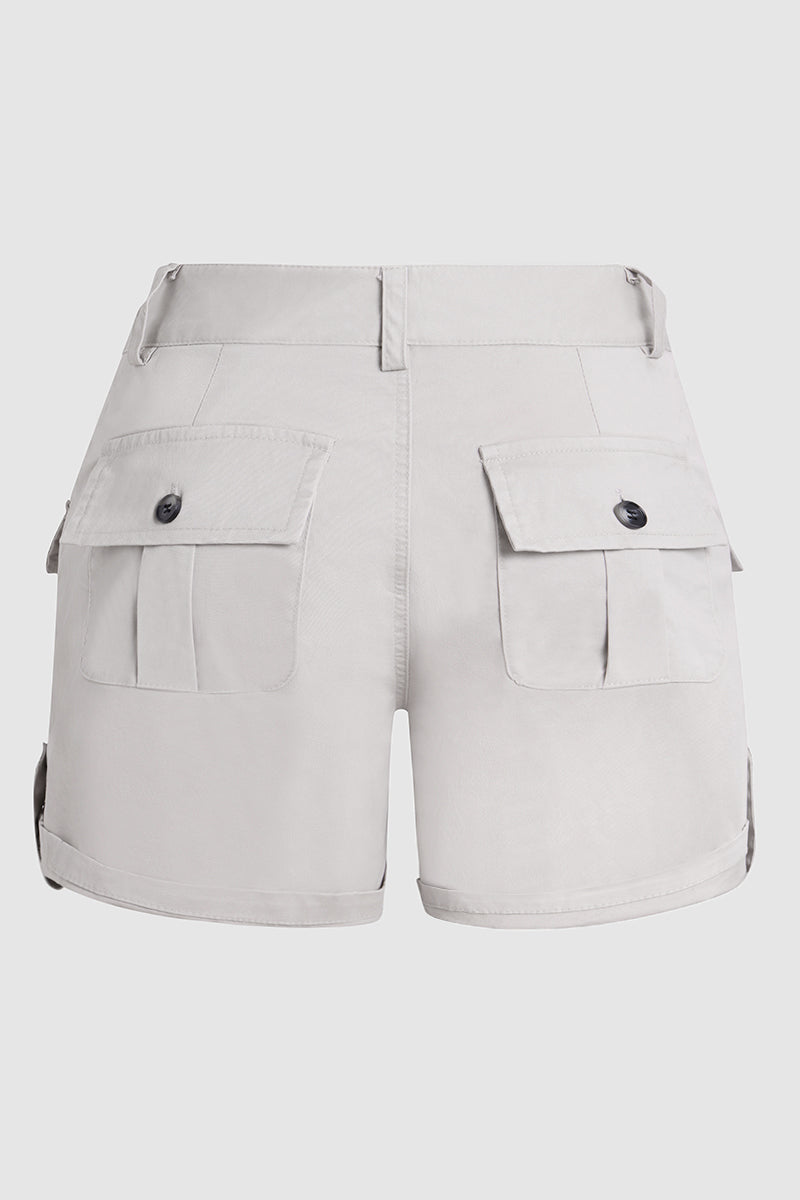 Flap Pocket Roll Tab Hem Mid Waist Shorts