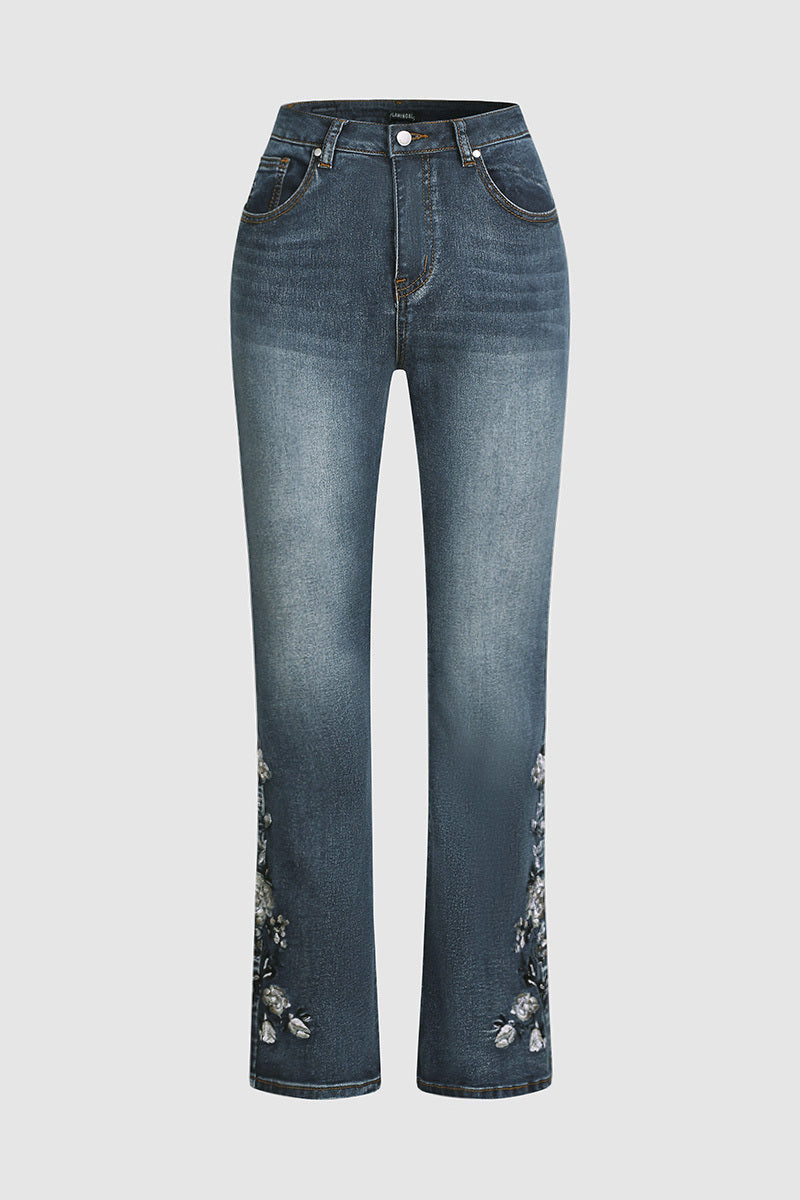 🔥LAST DAY 80% OFF🔥Mid-waist bootcut jeans with floral embroidery
