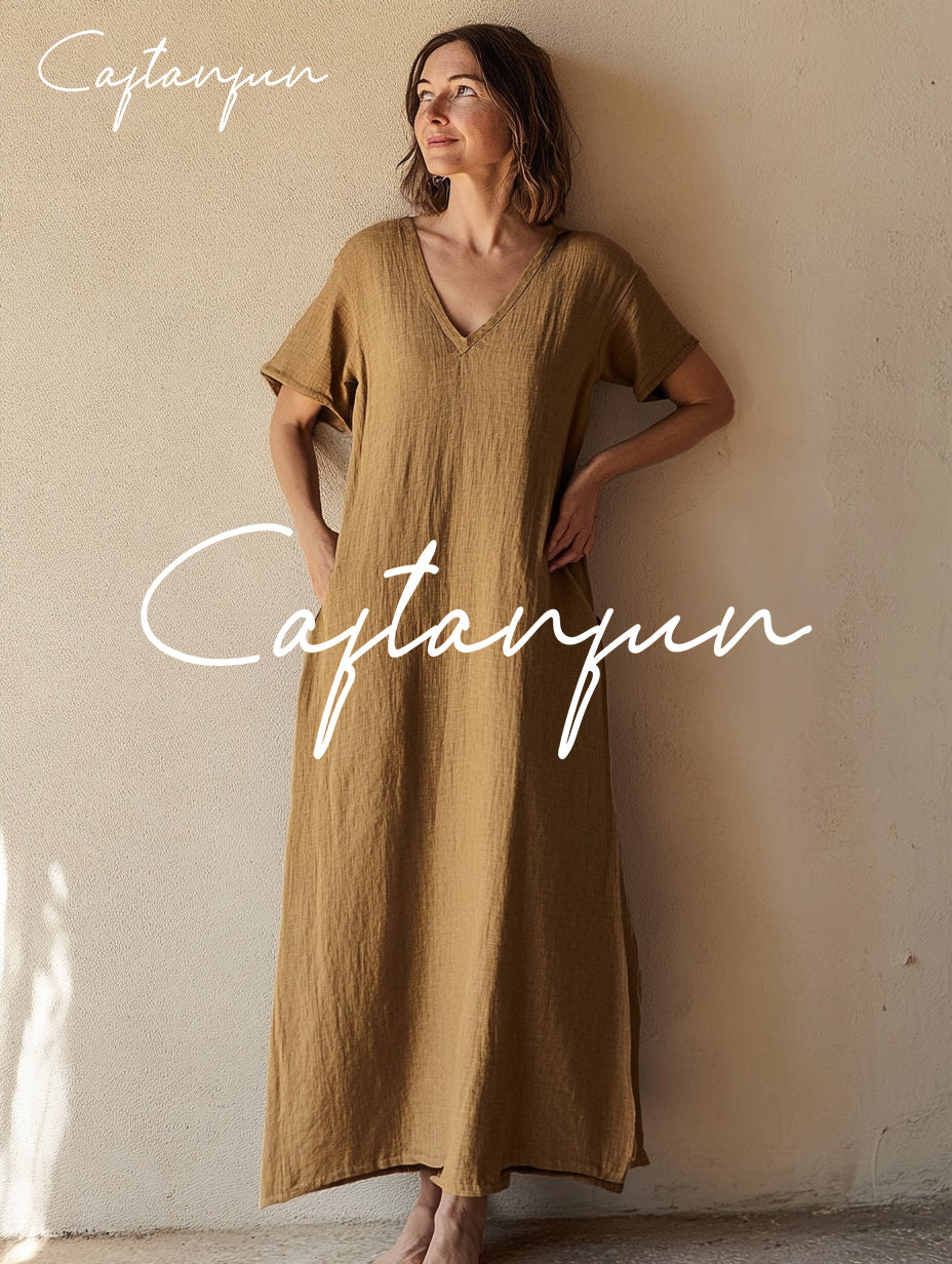 Women's Brown Linen V-Neck Dress