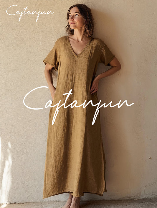 Women's Brown Linen V-Neck Dress