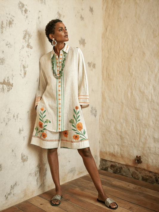 Cotton and linen women's shirt and shorts set