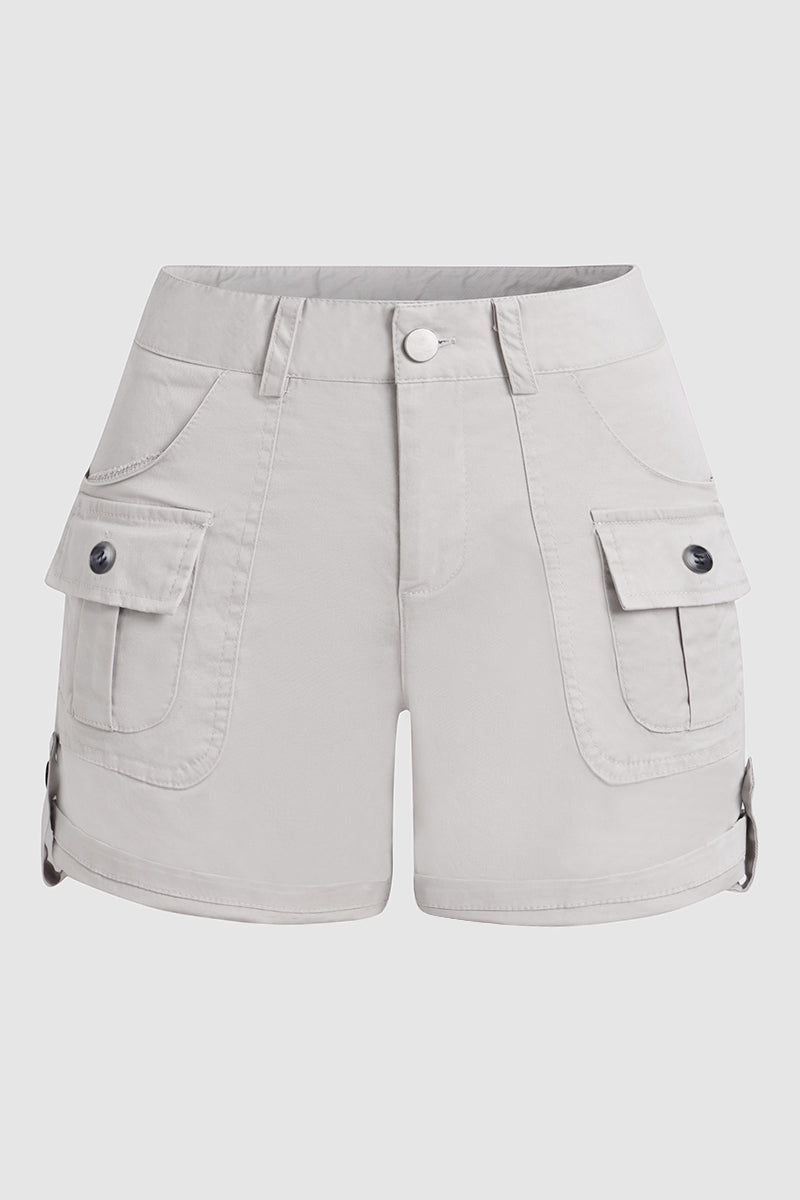 Flap Pocket Roll Tab Hem Mid Waist Shorts