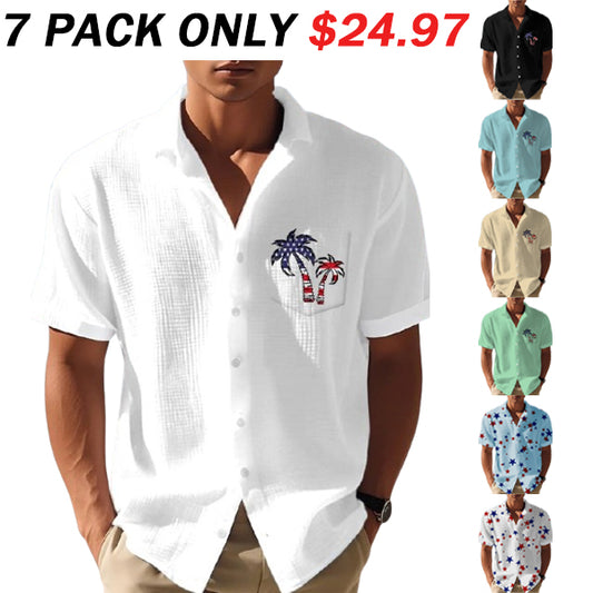 Men's Casual Flag Independence Day Coconut Tree Print Waffle Men's Shirt