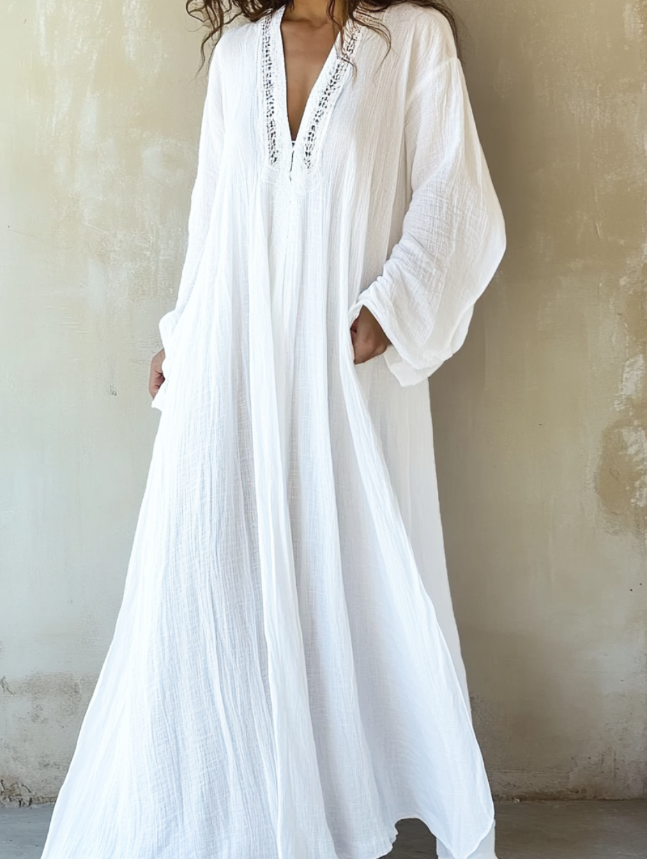 Women's White Art Linen V Neck Robe