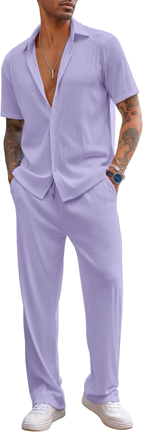 Men's 2 Piece Outfit Casual Short Sleeve Button Down Shirt Beach Summer Loose Pant Sets