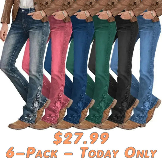 🔥LAST DAY 80% OFF🔥Mid-waist bootcut jeans with floral embroidery