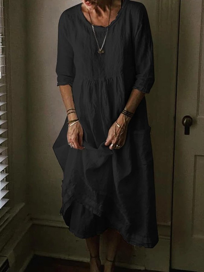 Womens Casual Round Neck Linen Solid Long Maxidress