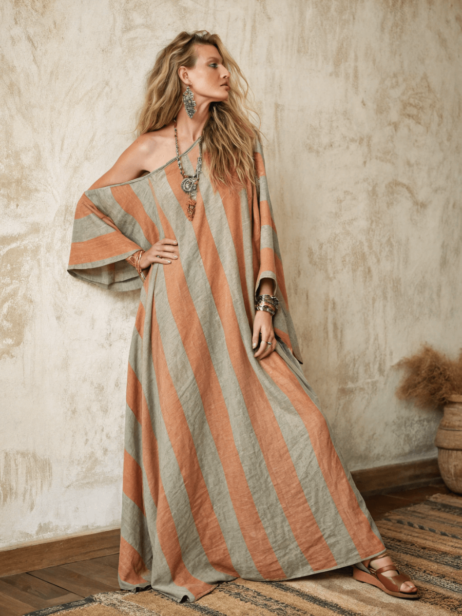 Women's cotton and linen one shoulder long skirt