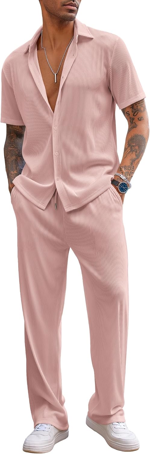 Men's 2 Piece Outfit Casual Short Sleeve Button Down Shirt Beach Summer Loose Pant Sets
