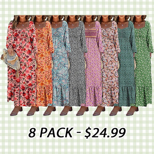 🔥2025 CRAZY DEAL🔥Spring Dresses for Women 2025 Boho Floral Smocked Square Neck Long Sleeve Button Down Beach Long Maxi Dress