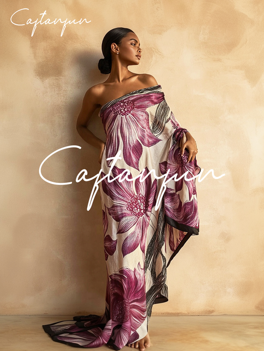 One-shoulder Rose Red Flower Art Flowing Cotton And Linen Kaftan
