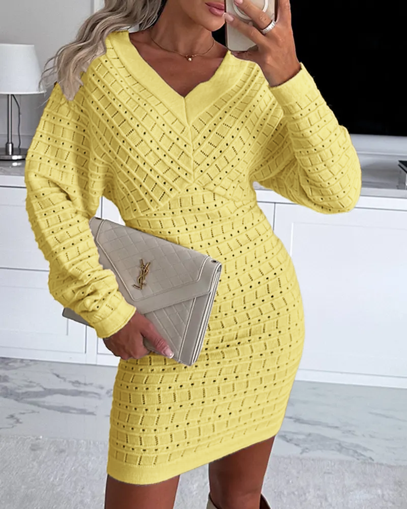 Women V Neck Knit Sweater Dress Pullover Hollow Out Casual Batwing Sleeve