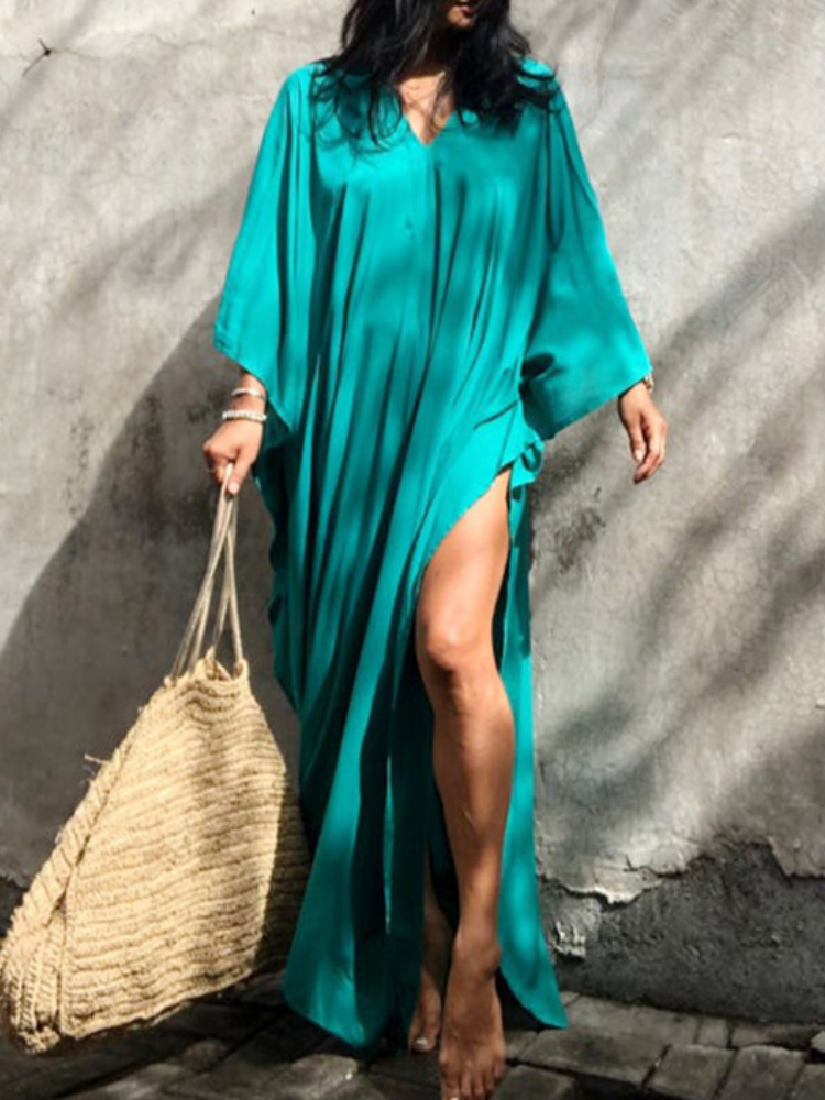 Womens V Neck Long Sleeve Solid Pattern Kaftan Maxidress