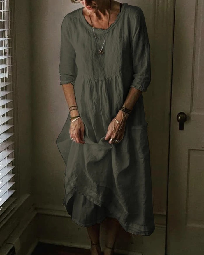 Womens Casual Round Neck Linen Solid Long Maxidress