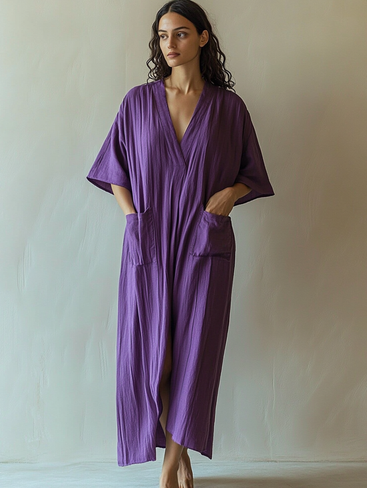 Women's V-neck Linen Kaftan Dress With Pocket
