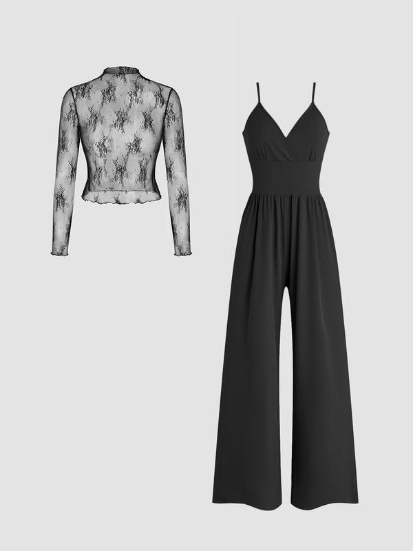 🎉Hot selling items-Women's solid color lace t-shirt and pocket jumpsuit two-piece set