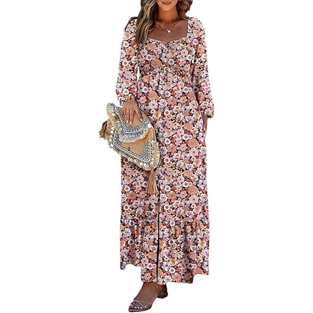 🔥2025 CRAZY DEAL🔥Spring Dresses for Women 2025 Boho Floral Smocked Square Neck Long Sleeve Button Down Beach Long Maxi Dress
