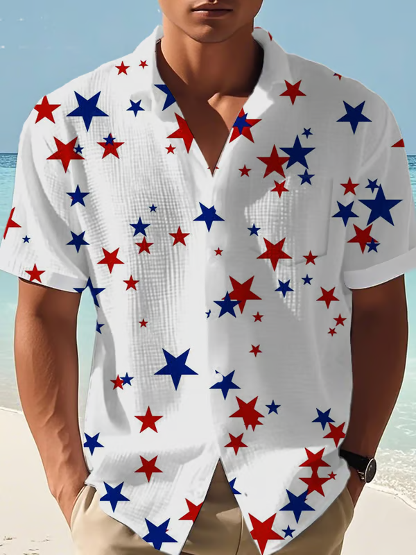 Men's Casual Flag Independence Day Coconut Tree Print Waffle Men's Shirt