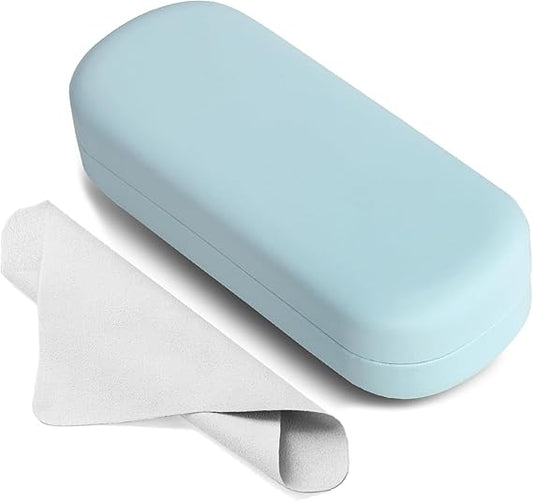 Minimalist Blue Hard Shell Glasses Case – Protective Eyewear Box with Cleaning Cloth (6.4x2.6x1.5 Inches)