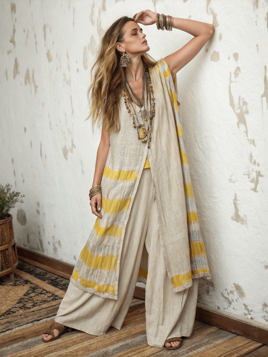 Women's cotton and linen long vest suit