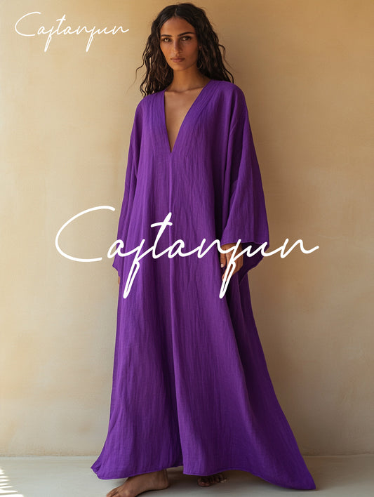 Pure Linen Purple V-neck Loose Kaftan